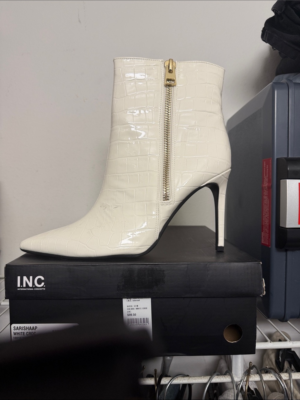 INC International Concepts Cream Croc Patent Pointed Ankle Boot with Gold Zip
